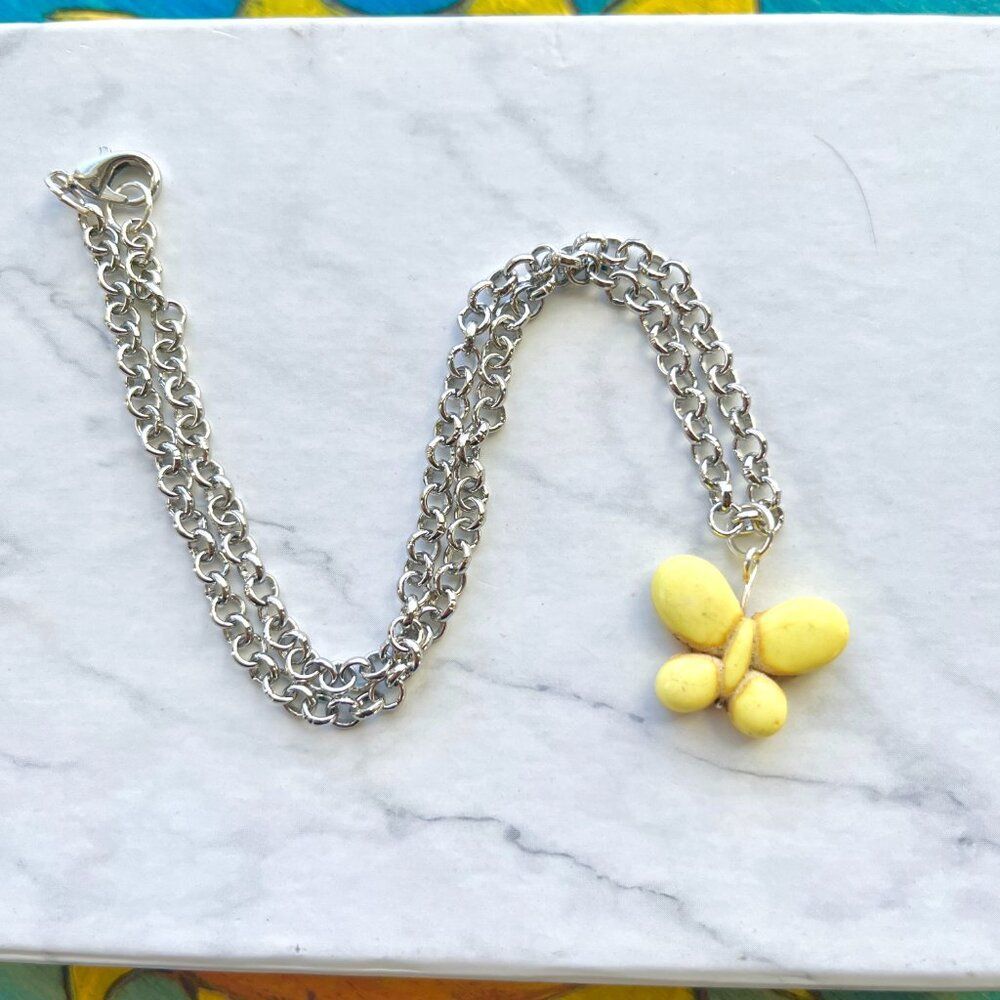 Yellow Butterfly Charm Silver Chain Necklace